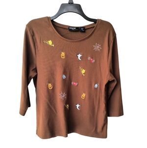 Onque Casuals Brown Spooky Halloween Autumn Embroidered 3/4 Sleeve Top XL